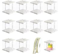 Haploon 10 Pcs 7x7x8 Inch Clear Cake Box,Cake Packaging Boxes Tall Cake Box with Lids & 148ft Ribbon for 4-Inch Double Layer and Tier Cakes