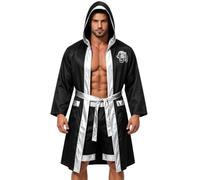 HAPNBCELE 3PCS Mens Boxing Robe with Hood Halloween Costume World Book Day | Adult Fighting Champion Boxer Set Cosplay, Satin Belt and Shorts, Dragon Tiger Print, Bachelor Party, Parent-Child Dress