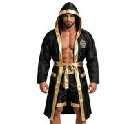 HAPNBCELE 3PCS Mens Boxing Robe with Hood Halloween Costume World Book Day | Adult Fighting Champion Boxer Set Cosplay, Satin Belt and Shorts, Dragon Tiger Print, Bachelor Party, Parent-Child Dress