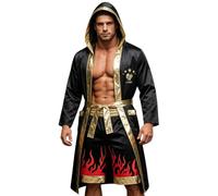 HAPNBCELE 3PCS Mens Boxing Robe with Hood Halloween Costume World Book Day | Adult Fighting Champion Boxer Set Cosplay, Satin Belt and Shorts, Dragon Tiger Print, Bachelor Party, Parent-Child Dress