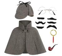 HAPNBCELE 6PCS Detective Costume Cape for Kids, Private Inspector Outfit Set with Hat Halloween Christmas 100 Days of School (Deep Brown, 19.68Inch/50cm)