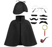 HAPNBCELE 6PCS Detective Costume Cape for Kids, Private Inspector Outfit Set with Hat Halloween Christmas 100 Days of School (Black, 15.74Inch/40cm)