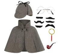 HAPNBCELE 6PCS Detective Costume Cape for Kids, Sherlock Holmes Outfit Set with Hat Halloween Christmas 100 Days of School (Deep Brown, 19.68Inch/50cm)