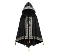 HAPNBCELE Adults Medieval Renaissance Hooded Cloak, Black Cape with Tassels Halloween Wizard Witch Cosplay for Womens Man (Black, 80cm/31.5'')