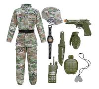 HAPNBCELE Army Costume Set for Kids Ideal for Role Play, Halloween Dress-Up（8-10years，Long Sleeved Green Camouflage）
