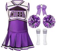 HAPNBCELE Cheerleader Costume for Girls, Cheerleading Outfit with Bow, Pom Poms, Socks, Kids Cheer Uniform Halloween Birthday Party Performance World Book Days 3-14 Years (Purple, 6-7 Years)