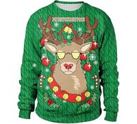 HAPNBCELE Christmas Sweatshirt,Sweater Printed Pullover,The Elk 3D Funny Digital Print Sweatshirt for Men Woman,Green-M