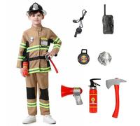 HAPNBCELE Fireman Costume Set for Kids, Firefighter Uniform with Accessories World Book Day Halloween Birthday Dress Up Party (Brown 11Set, 4-5 Years)