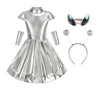 HAPNBCELE Girls Alien Costume, Alienware Outfit with Antenna Headband, Sunglasses Halloween World Book Day Space-Themed Party (Silver, 6-7 Years)