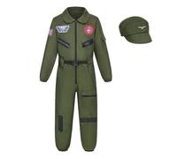 HAPNBCELE Kids Fighter Pilot Costume with Hat, Air Force Jumpsuit Uniform World Book Day Halloween Birthday Dress Up Party (Army Green, 4-6 Years)