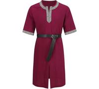 HAPNBCELE Men Medieval Tunic Costume with Renaissance Brown Belt Wine Red Viking Knight Pirate Warrior Outfits 2PCS Halloween Cosplay L