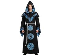 HAPNBCELE Mens Wizard Costume, Medieval Sorcerer Priest Hooded Robe Mystic Warlock Cosplay Renaissance Fair LARP Halloween (M, Blue)