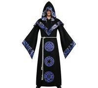 HAPNBCELE Mens Wizard Costume, Medieval Sorcerer Priest Hooded Robe Mystic Warlock Cosplay Renaissance Fair LARP Halloween (L, Purple)