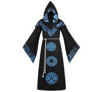 HAPNBCELE Mens Wizard Costume, Medieval Sorcerer Priest Hooded Robe Mystic Warlock Cosplay Renaissance Fair LARP Halloween (S, Blue)
