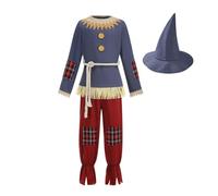 HAPNBCELE Scarecrow Costume for Boys Patch Style Long Sleeve Rustic Straw Halloween Outfit 4Pcs Blue,L,7-9Y