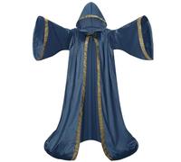 HAPNBCELE Velvet Wizard Robe Cloak with Hood Men Women, Sorcerer Renaissance Costume Medieval Cape Long Sleeve Halloween (Blue, 67"/170CM)