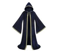 HAPNBCELE Wizard Robe Cloak with Hood Men Women, Renaissance Costume Medieval Velvet Cape Long Sleeve Halloween Dress Up (Blue, 56 Inches/140cm)