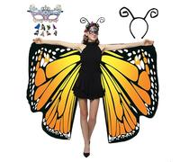 HAPNBCELE Womens Double-Sided Butterfly Wings Costume, Butterfly Cape with Lace Mask Headband Fairy Party Halloween Christmas (Saffron Yellow, 165 x 135cm)