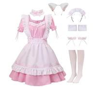 HAPNBCELE Women's French Anime Maid Costume Lolita Maid Costume Cat Ears Masquerade Cosplay Party Set，pink-M-9pcs
