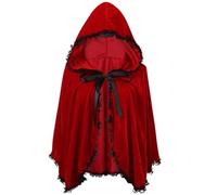 HAPNBCELE Women's Little Red Riding Hood Cape, Velvet Hooded Cloak for Christmas Halloween Fairy Tale Cosplay World Book Days (Black Lace Red, 60cm/23.62")