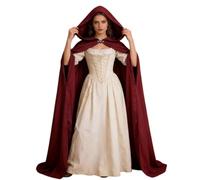 HAPNBCELE Women's Renaissance Cloak with Hood, Medieval Cape Queen Princess Witch Costume Halloween Christmas LARP Party (Wine Red, 59.05"/150cm)