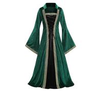 HAPNBCELE Women's Retro Medieval Hooded Long Dress Renaissance Style Gothic Costume with Flare Sleeve Design（Stand Collar Black Green，Medium）