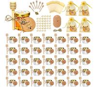 Hapneyea 40 Pack 1.5 oz Hexagon Mini Glass Honey Jars with Wooden Dippers, Bee Pendants, Golden Gift Bags, Thank You Cards, Jute Perfect for Baby Shower, Wedding and Party