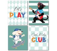 Hapons Let's Play Playroom Wall Art Decor Posters, Cool Kids Club Guitar Panther Skateboard Dog College Teen Kids Room Nursery Bedroom Dorm Wall Art Prints, Aesthetic Checkered Striped Classroom Wall