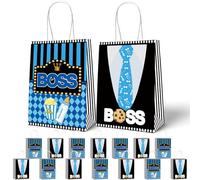 HAPPARTY 16 PCS BOSS Theme Party Gift Bags with Handles - Black, Blue, Baby Boy Goodie Bags for Birthday Party Decorations