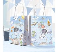 HAPPARTY 16PCS Blue Space Astronaut Party Gift Bags for Boy With Stickers 50PCS, First Trip Around the Sun Candy Treat Goodie Bags for Boy Two The Moon Birthday Baby Shower Decorations