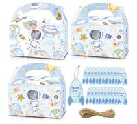 HAPPARTY 24PCS Astronauts Party Favor Gift Boxes With Thank You Card Tags, Light Blue Outer Space Goodie Candy Treat Box