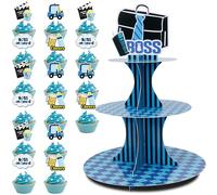 HAPPARTY Blue Black BOSS Theme 3-Tier Cupcake Stand 1PCS with 16PCS Cupcake Toppers, for Little Gentleman 1st 2nd Birthday Baby Shower Table Centerpiece Decorations