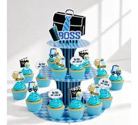 HAPPARTY BOSS Theme Cupcake Stand with Cupcake Toppers | Little Gentleman 1st Birthday Table Centerpiece, Blue Black Boss Inspired Baby Shower Party Decorations