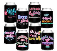 HAPPARTY Weekend Girls Trip Theme Can Cooler Sleeves 8Pcs, Hot Pink Babe Girls Insulated Bottle Beverage Cold Drink Holder for Birthday Bachelorette Weekend Trip Party Can Cover Decorations