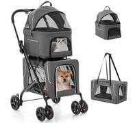 HAPPAWS Foldable Pet Stroller, Removable Dog Stroller with 2 Front Universal Wheels, All Terrain Travel Cat Storage Bag with 2 Braked Rear Wheels, Pet Safety Seat, Gray