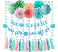 Happily Ever After Bridal Shower Decorations Paper Flower Balls Set, Love Laughter Happily Ever After Banner Paper Lanterns Pom Poms with Tassels for Bachelorette wedding Engagement Party Supplies