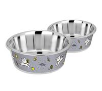 Happinesque Stainless Steel & Plastic Dog Bowls | Cat Bowls (Set of 2) - Anti Skid Dog Water Bowl | Cat Water Bowl - Dishwasher Safe - 25oz / 750ml - 15.4 cm (Rhino Grey Playtime Print)