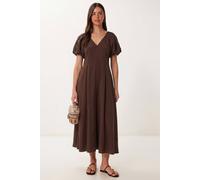 Happiness Istanbul Women's A-line Midi Dress With V-neck in Brown | Size: Small Happiness Istanbul Brown S