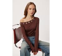 Happiness Istanbul Women's Asymmetrical Collar Long Sleeve Viscose Blouse in Chocolate | Size: Large Happiness Istanbul Chocolate L