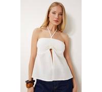 Happiness Istanbul Women's Cotton off-shoulder halter blouse in Ivory | Size: Small Happiness Istanbul Ivory S
