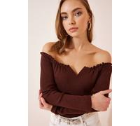 Happiness Istanbul Women's Fitted Long Sleeve Blouse with Heart Collar in Chocolate | Size: Small Happiness Istanbul Chocolate S