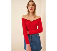Happiness Istanbul Women's Fitted Long Sleeve Blouse with Heart Collar in Red | Size: Medium Happiness Istanbul Red M