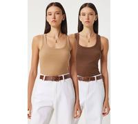 Happiness Istanbul Women's Fitted U Collar Knitted 2- Pack Tank Top in Brown | Size: Small Happiness Istanbul Brown S
