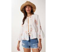 Happiness Istanbul Women's Frilly Crew Neck Long Sleeve Floral Blouse in White | Size: Medium Happiness Istanbul White M