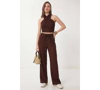 Happiness Istanbul Women's Halter Blouse & Wide-Leg Trousers Set in Brown | Size: Small Happiness Istanbul Brown S