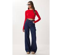 Happiness Istanbul Women's High Waist Baggy Fit Wide Leg Jeans in Navy | Size: Medium Happiness Istanbul Navy M