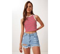 Happiness Istanbul Women's High Waist Destroyed Denim Shorts in Pale Blue | Size: XS Happiness Istanbul Pale Blue XS