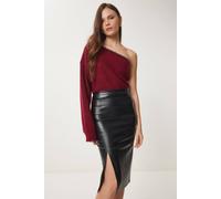 Happiness Istanbul Women's High Waist Faux Leather Midi Skirt with Slit in Black | Size: Small Happiness Istanbul Black S