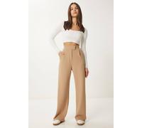 Happiness Istanbul Women's High Waist Textured Palazzo Pants in Light Beige | Size: Small Happiness Istanbul Light Beige S