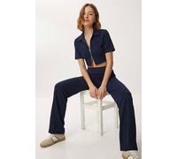 Happiness Istanbul Women's High Waist Wide Leg Pants & Jacket Co-ord Set in Navy | Size: Small Happiness Istanbul Navy S